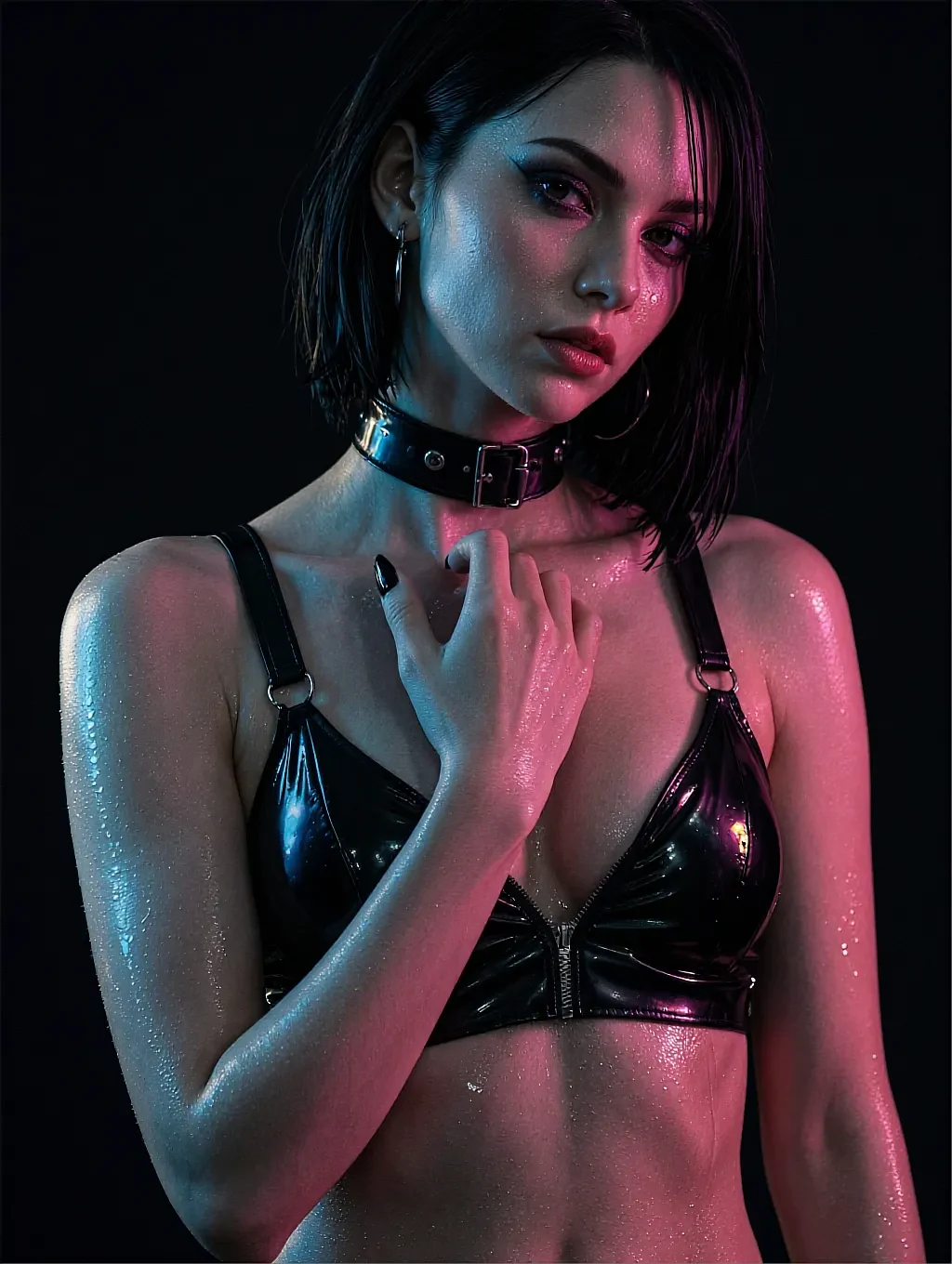 Barbara, a fictional AI companion on the AILesbian roster, in a black latex bra and choker under blue and pink light
