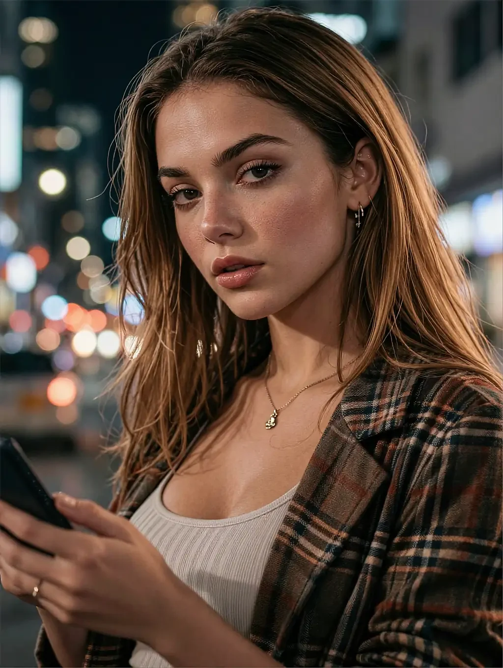Itsumi, a fictional AI companion on the AILesbian roster, in a plaid jacket with city lights blurred behind her